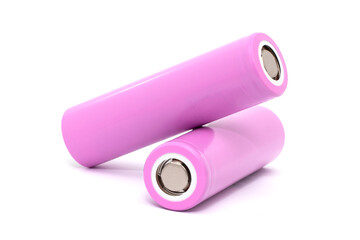 Two lithium batteries isolated on a white background, rechargeable batteries for appliances, 18650
