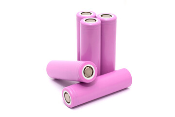 Five single-use batteries for electronics, lithium-ion 18650 batteries isolated on a white background