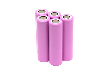Five single-use batteries for electronics, lithium-ion 18650 batteries isolated on a white background