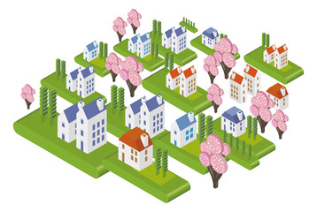 桜咲く春の美しい街並みと暮らしの風景。人々が明るく暮らせる自然と住宅が溶け込む街づくり。