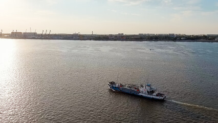 Astrakhan, Russia. The ship is sailing along the Volga River. Summer, Aerial View