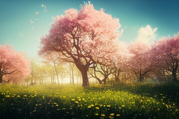 Beautiful blurred spring background nature with blooming glade chamomile, trees and blue sky on a sunny day. Generative AI