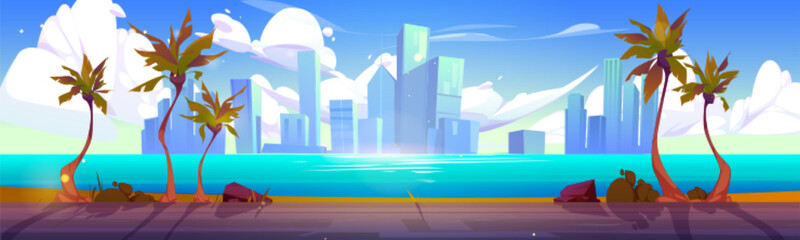 Summer tropical background with palm trees and empty asphalt road. Sea coast landscape and blue water surface with city buildings on skyline, sky with white clouds cartoon vector illustration