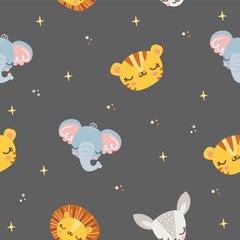 Seamless vector pattern. Cute sleeping animals, stars. Elephant, tiger, lion and baby deer. Background for children's products on white background 