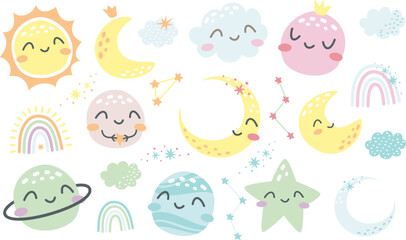 Cute vector set. Sleeping planets. Sun, flax, uranium, Pluto, stars and other planets, rainbow. Cute children's illustrations.