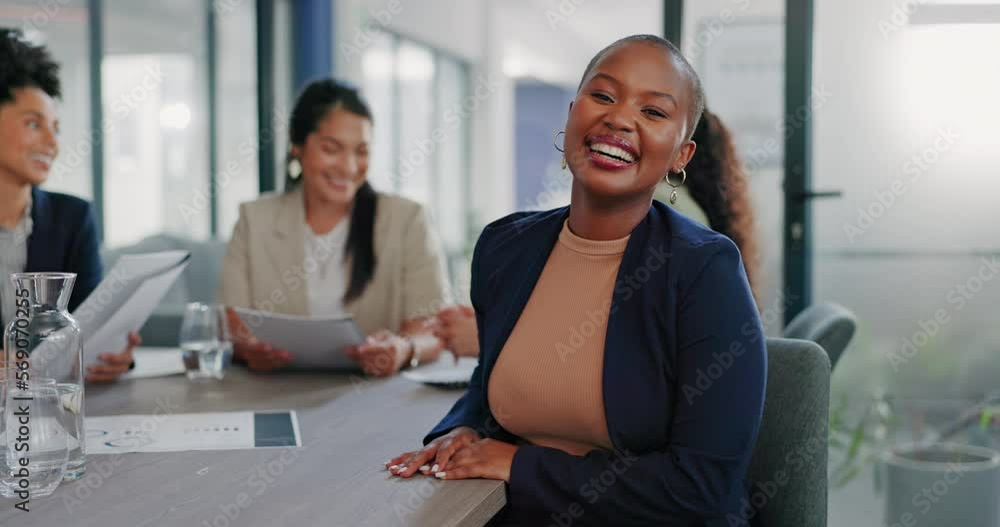 Canvas Prints Meeting, happy and face of a business woman in discussion for a corporate project with her team. Collaboration, teamwork and portrait of a African female employee planning a strategy in the office.