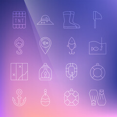 Set line Rubber flippers for swimming, Lifebuoy, Fishing hook with fish, boots, Location fishing, Spring scale, Detonate dynamite bomb stick and lure icon. Vector