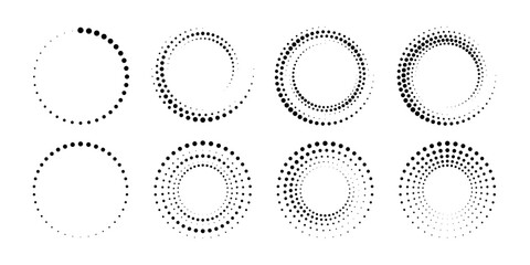 Dotted gradient circle. Halftone effect circular dotted frame. Progress round loader. Half tone circle. Vector illustration isolated on the white background.