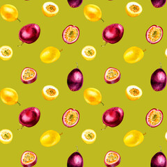 Purple, yellow passion fruit watercolor seamless pattern isolated on green background.