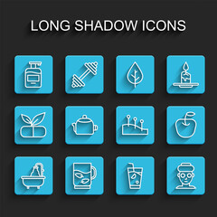 Set line Bathtub, Cup of tea and leaf, Bottle liquid soap, Fresh smoothie, Facial cosmetic mask, Kettle with handle, Apple and Acupuncture therapy icon. Vector