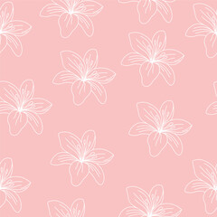 Seamless pattern of lilies. Beautiful delicate lily. Vector illustration on pink background