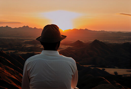 photo of a man watching a beautiful sunset up in the desert mountains