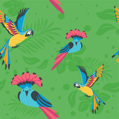 Fototapeta na wymiar Tropical flora and fauna, parrots and birds print