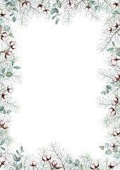 Watercolor Christmas frame of pine branches, eucalyptus, cotton. Decorative element for greeting card. Illustration