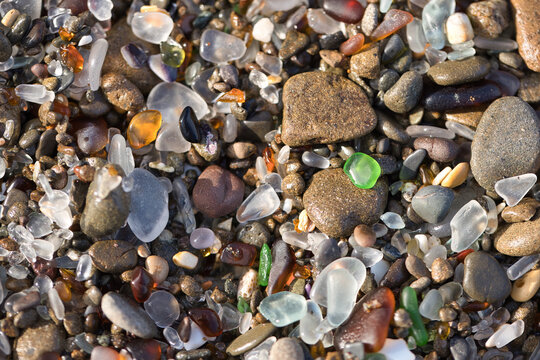 Beautiful Glass Pebbles on the Shore at Glass Beach, Fort Bragg, California