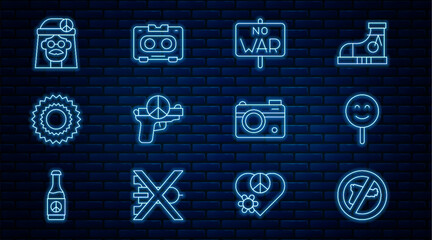 Set line No war, Smile face, Sun, Hippie girl, Photo camera and Retro audio cassette tape icon. Vector