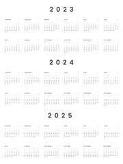 Set of 2023, 2024, 2025 Annual Calendar template with transparent background. Vector layout of a wall or desk simple calendar with week start Monday. Horizontal Calendar design. Holidays in red colors