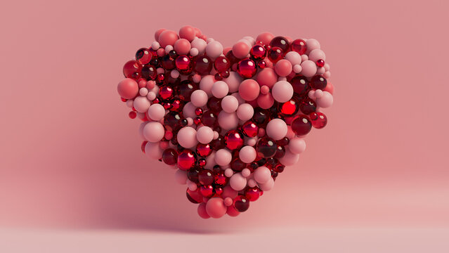 Multicolored Sphere Love Heart. Pink, Red Glass and Red Metallic Spheres arranged in a heart shape. 3D Render. 