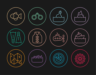 Set line Ship steering wheel, Cruise ship, Bottle with message water, Life jacket, Flippers for swimming, Fish, Submarine and Binoculars icon. Vector