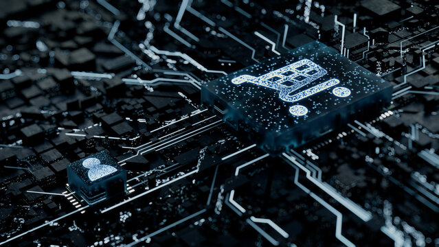 Ecommerce Technology Concept with shopping symbol on a Microchip. White Neon Data flows between the CPU and the User across a Futuristic Motherboard. 3D render.