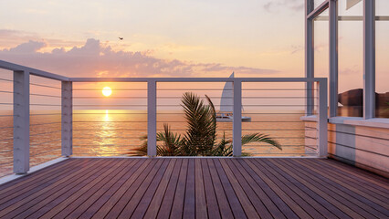 Outdoor seaside wooden balcony deck and beautiful sea view on sunset, 3d rendering - 569072264