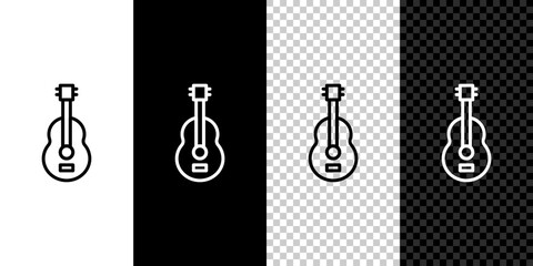 Set line Spanish guitar icon isolated on black and white background. Acoustic guitar. String musical instrument. Vector