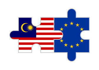 puzzle pieces of malaysia and european union flags. vector illustration isolated on white background