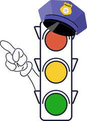 Traffic light, cartoon traffic light in a police cap and with a hand showing the direction. Traffic light cartoon. Vector, cartoon illustration.