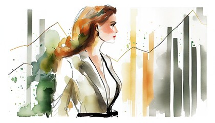 A business woman  silhouette and stock charts, abstract watercolor illustration. Generative art