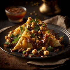 a plate of freshly cooked Indian samosa chaat, filled with potatoes