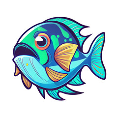 Cute cartoon fish in style of badge or sticker, isolated on white background. Generative art