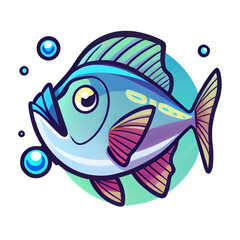 Cute cartoon fish in style of badge or sticker, isolated on white background. Generative art