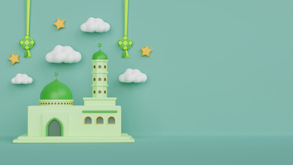 Islamic decoration background ramadan kareem banner template with 3d illustration mosque, cloud, crescent and stars copy space