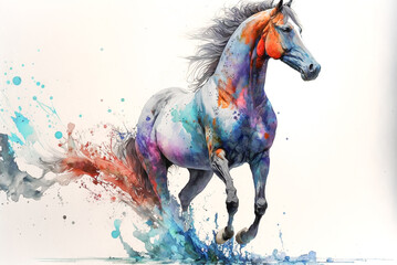 Fototapeta na wymiar Wild Horse run watercolor paint. Generative AI