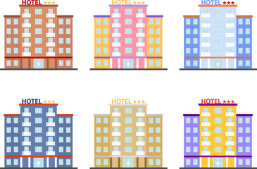 Hotel icon, set of multicolored hotel icons isolated on white background. Vector illustration.