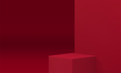 3d podium red cube basic foundation geometric construction corner wall studio background vector