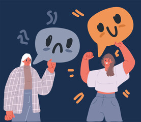 Cartoon vector illustration of women hold clouds with emotion sad and happy. Satisfaction ad bad feedback