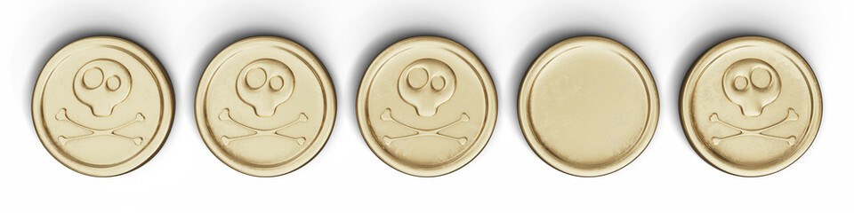 Line from Golden Coins with Sign as Skull and Bones. 3D Illustration. File With Clipping Path.