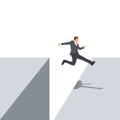 Businessman jump through the gap in the rocks. an employee with a running jump from one cliff to another. Flat vector illustration isolated on white background