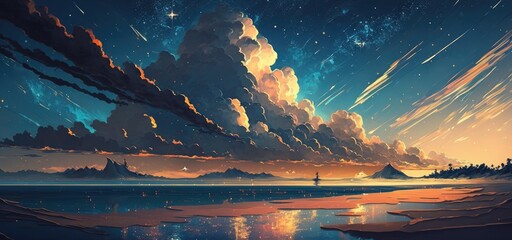 Romantic peaceful summer night sky with milky way stars and majestic grand cumulus rain clouds over a pristine sandy beach; glittering reflections relaxing midnight evening stroll - generative AI.