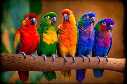 Five colored parrots cheerful on their heads sit on a branch. Generative AI technology.