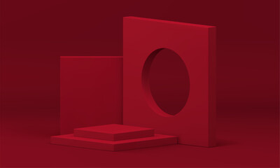 Red 3d podium geometric construction square level foundation wall corner hole realistic vector