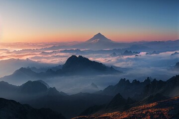 Breathtaking Views From Mangart Peak at Stunning Sunrise. Peaks Above Clouds. Generative AI