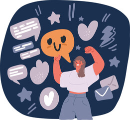 Cartoon vector illustration of woman give good Feedback. Clients choosing satisfaction rating and leaving positive review. Feedback consumer, customer review evaluation.