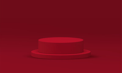 Red 3d podium cylinder construction level stage award arena promo platform realistic vector