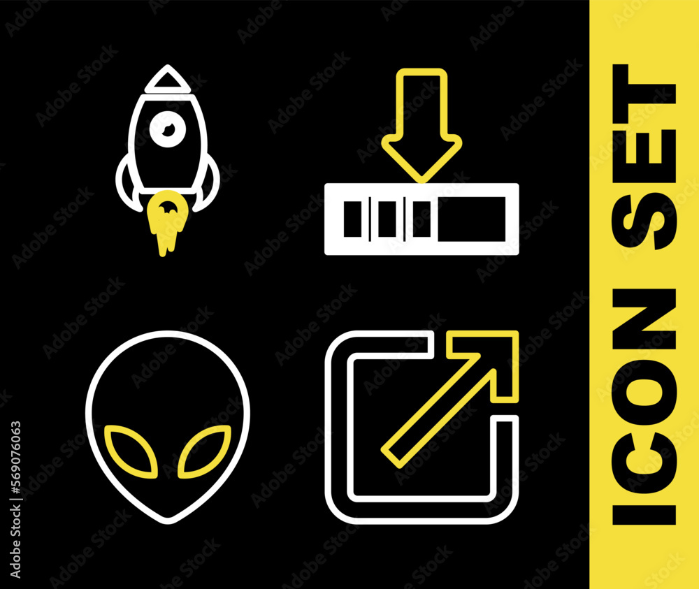 Poster set line loading, open new window, alien and rocket ship with fire icon. vector