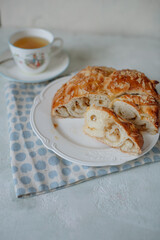 homemade cakes, rustic style, sweet pie on a light background, fresh bread