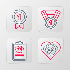 Set line Heart with dog, Clinical record pet, Dog award symbol and icon. Vector