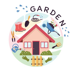 Gardening, growing plants, agricultural tools. House with garden Vector illustration