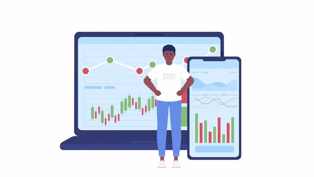 Animated online trading platforms. Newbie investor. Brokerage account. 4K video footage. Concept animation. Looped 2D cartoon flat character on white with alpha channel transparency for web design